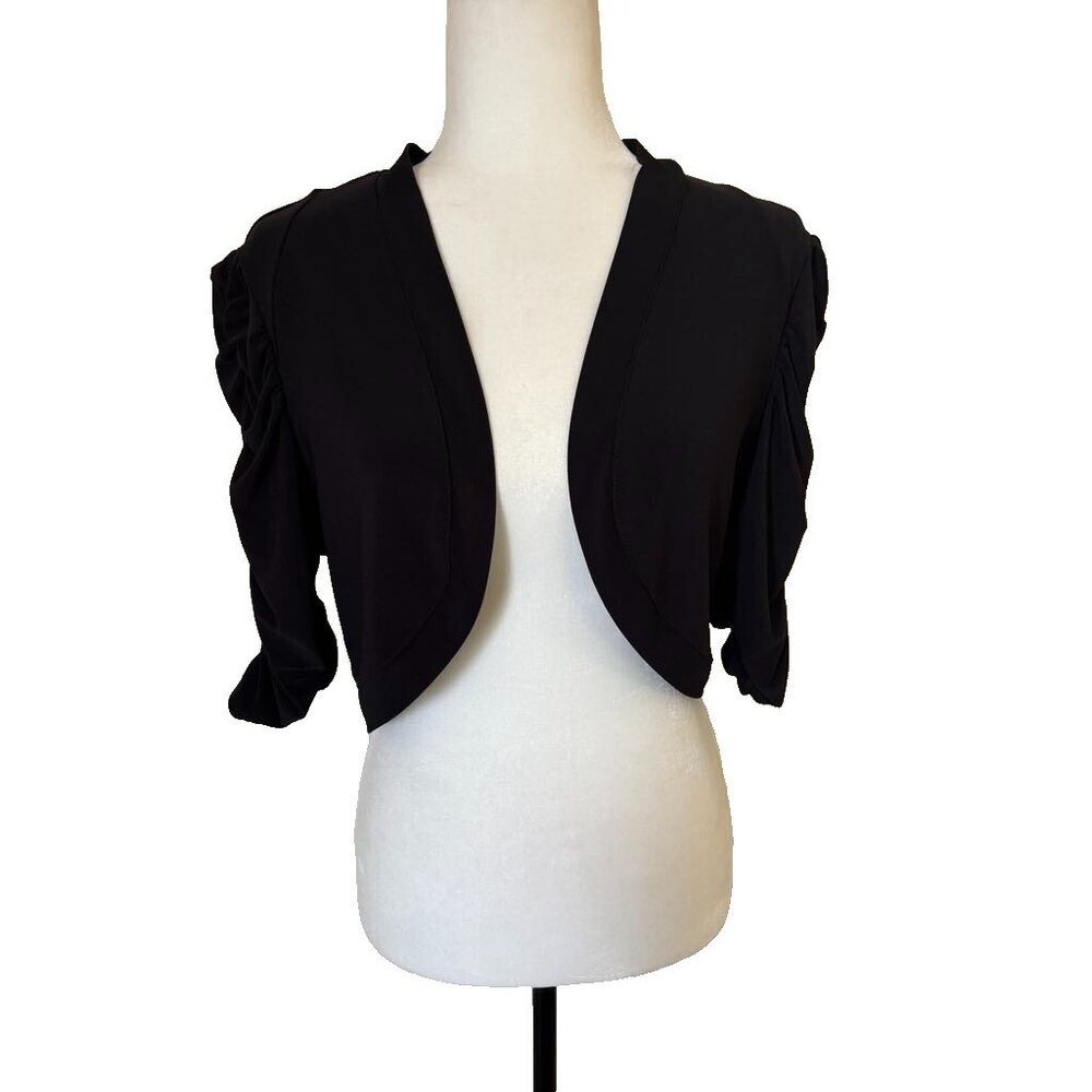 JOSEPH RIBKOFF Bolero Jacket Size 14 Black Open Cover Up Ruched Sleeves Stretchy